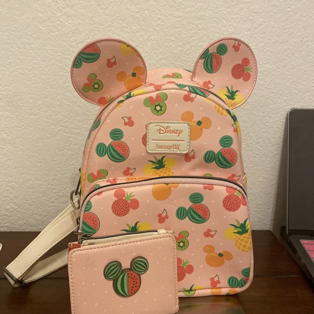 Loungefly Disney Mickey Mouse Fruit Mini Backpack and matching wallet